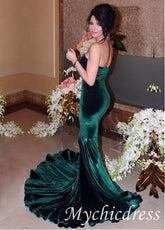 Hot Emerald Green Velvet Prom Dresses Straples Mermaid Evening Dress UK - MyChicDress